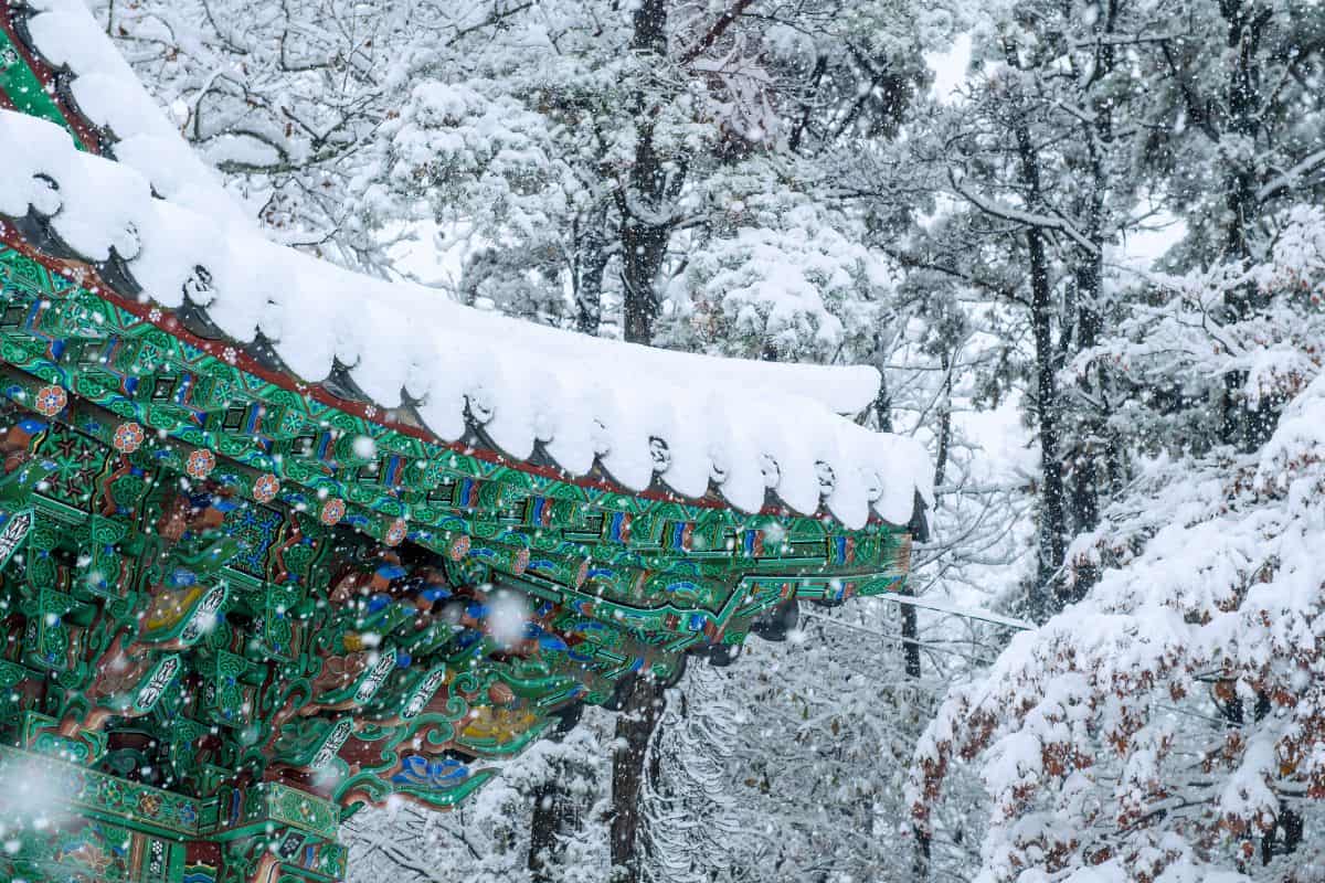snow falling on a teal-colored traditional Korean building.