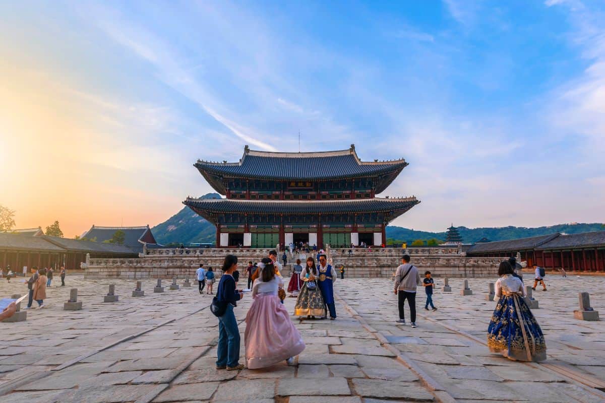 view of the entrance to Gyeonbokgung at sunset.