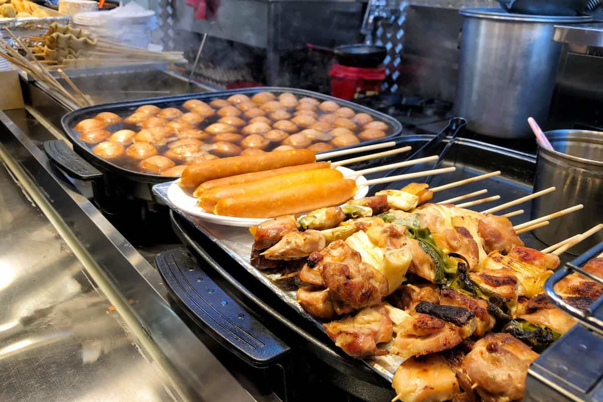 A display of Korean street food. 