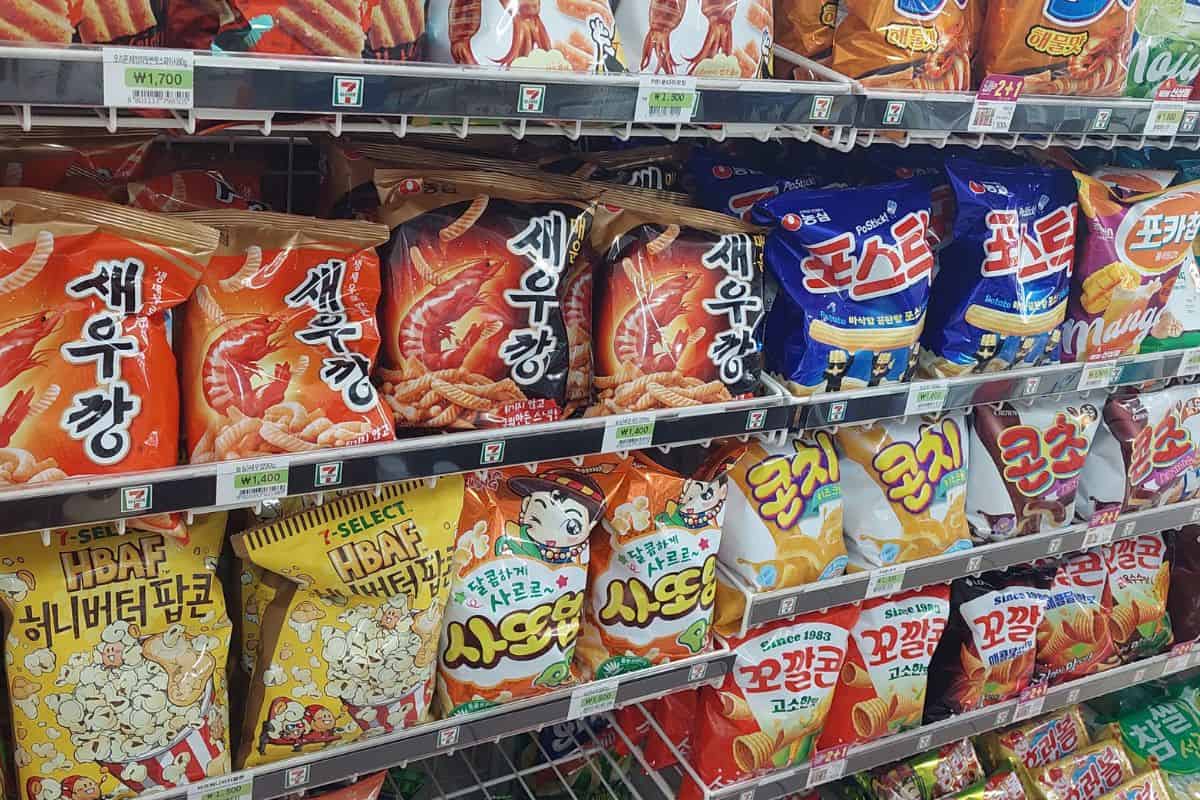 Korean snacks aisle of a convenience store.