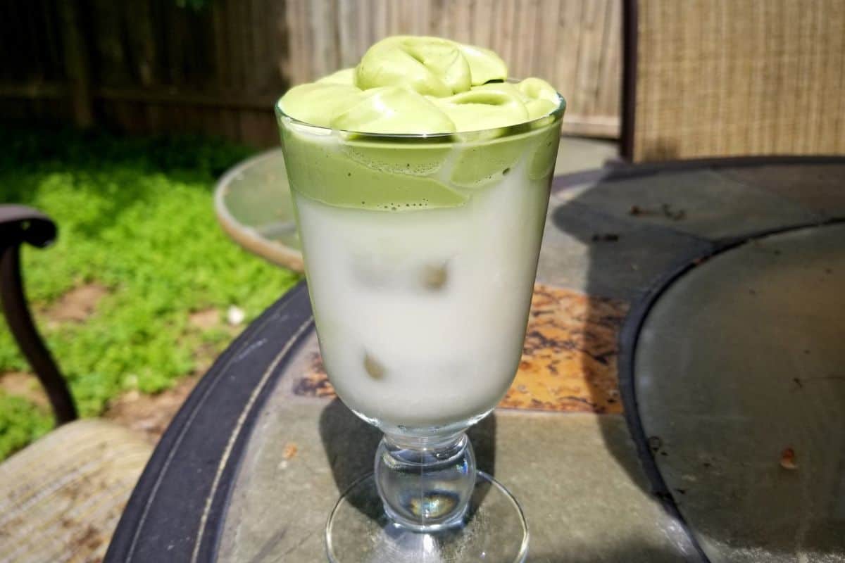 Matcha drink in a glass.