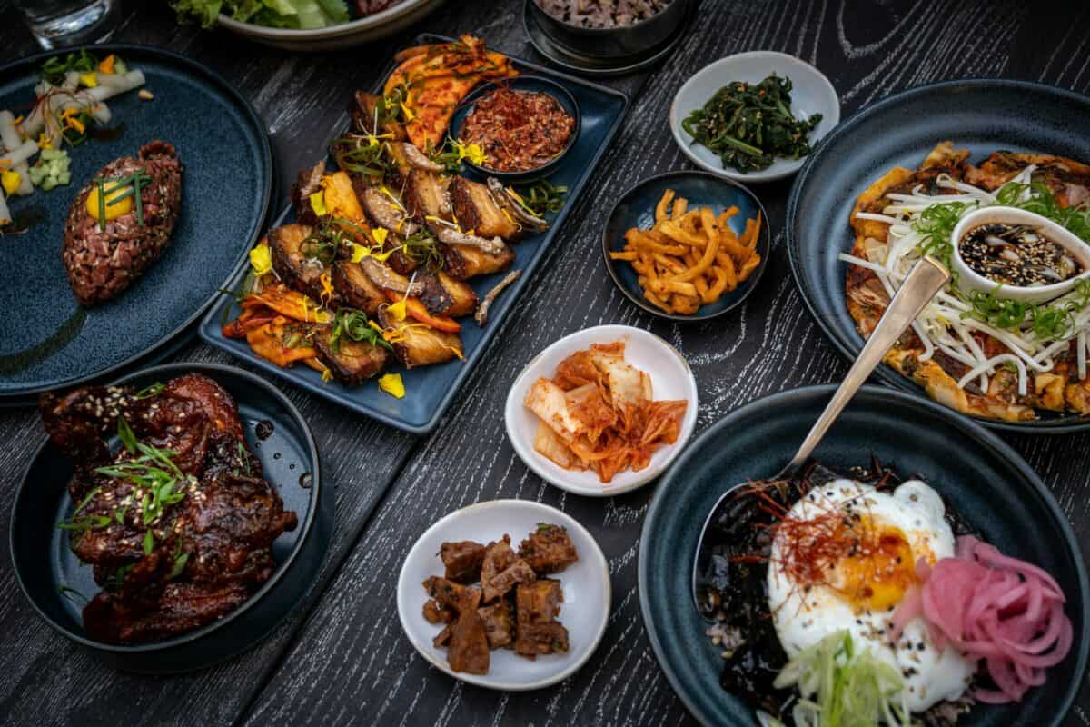 A display of Korean food and side dishes.