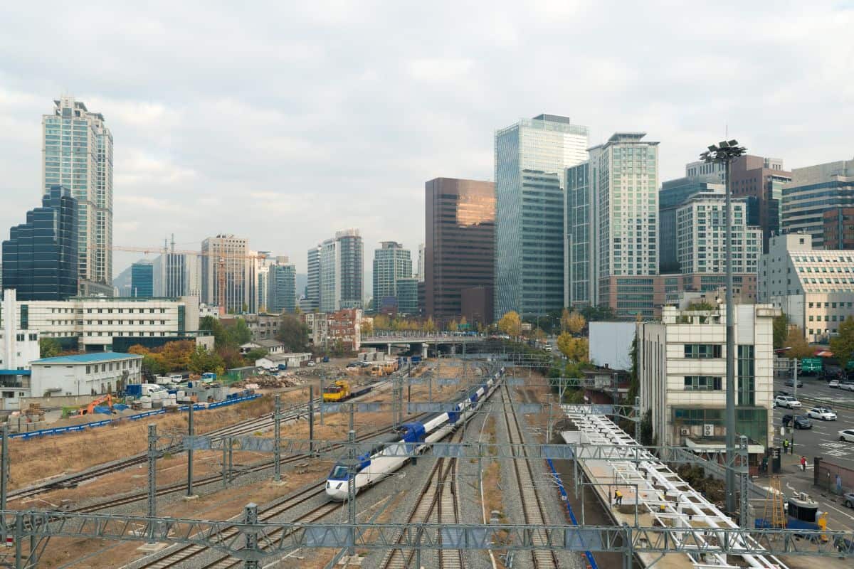 High-speed KTX train traffic in Seoul City, South Korea.