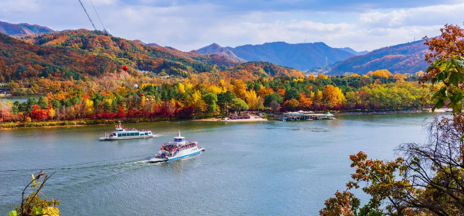 Autumn trees and zipline along the shore of Nami Island just outside of Seoul, South Korea.