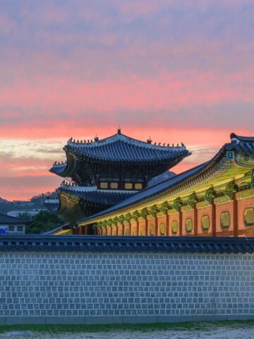 A beautiful sunset over the Gyeongbokgung palace in Seoul, South Korea