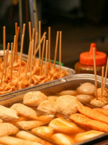A display of various Korean street foods.