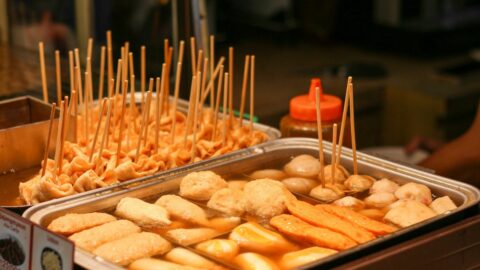 A display of various Korean street foods.