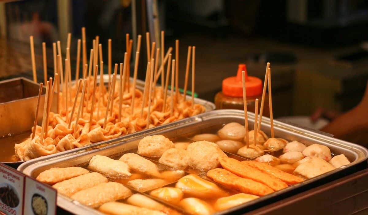 A display of various Korean street foods.