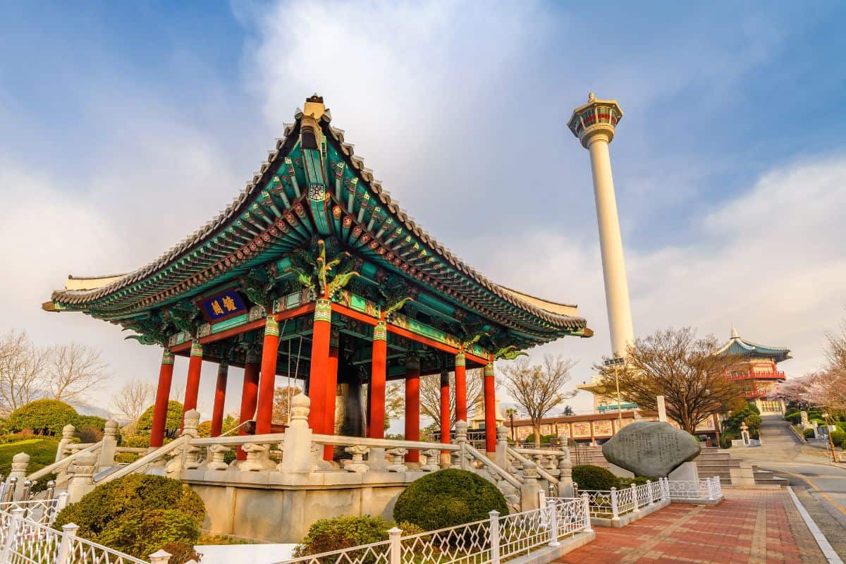 Beautiful skyline at Yongdusan Park and Busan Tower, Busan, South Korea.