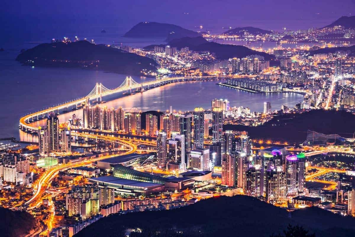 An aerial view of Busan, South Korea, at night.