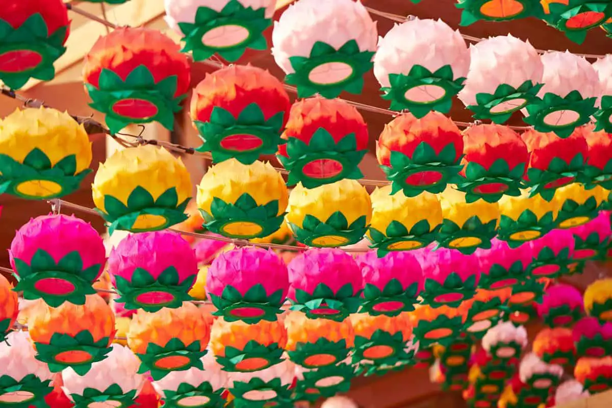Colorful lanterns hanging during a Korean festival.