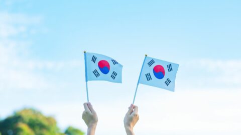 Hand holding Korea flag on nature background during National Foundation, Gaecheonjeol, public Nation holiday, National Foundation Day of Korea.