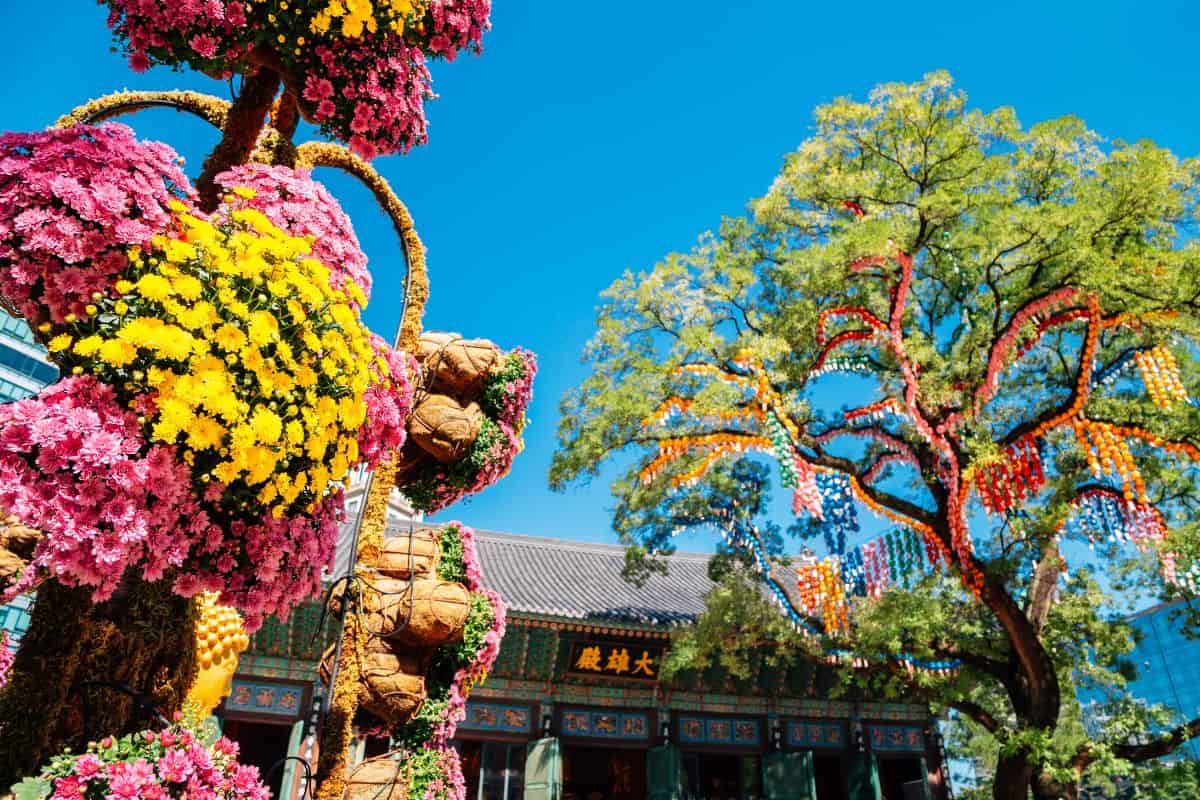 Jogyesa Temple with Colorful Flowers in Seoul Korea.