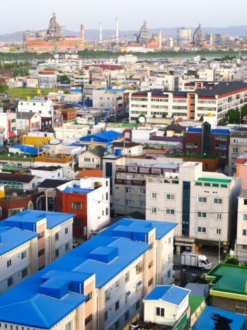 An aerial photo of Sokcho town, Korea.