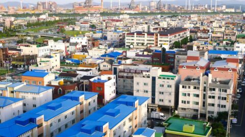 An aerial photo of Sokcho town, Korea.