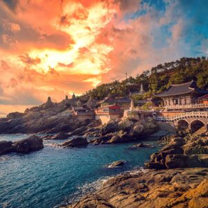 Haedong Yonggungsa Temple at sunset in Busan, South Korea.