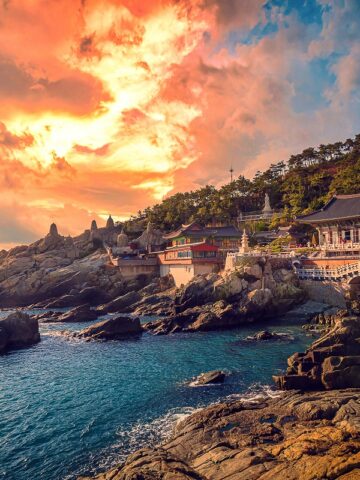 Haedong Yonggungsa Temple at sunset in Busan, South Korea.