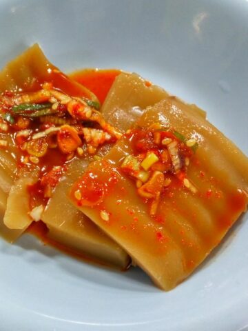 A bowl of acorn jelly salad.