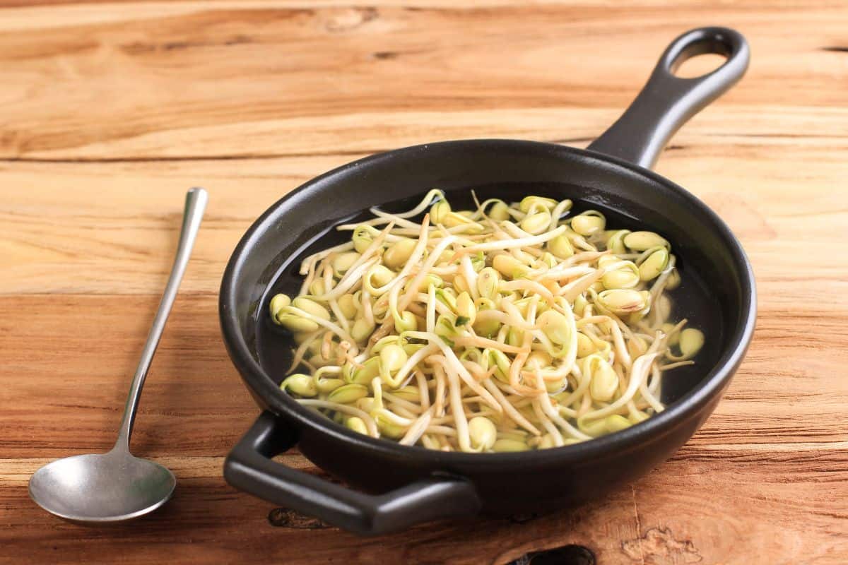 Kongnamul gukbap in a pan with an aluminum spoon on the side.