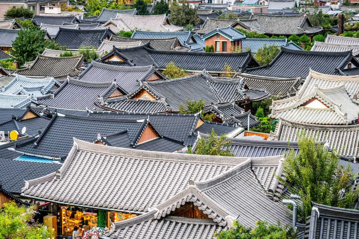 Village roofs in Jeonju Hanok Village, South Korea.