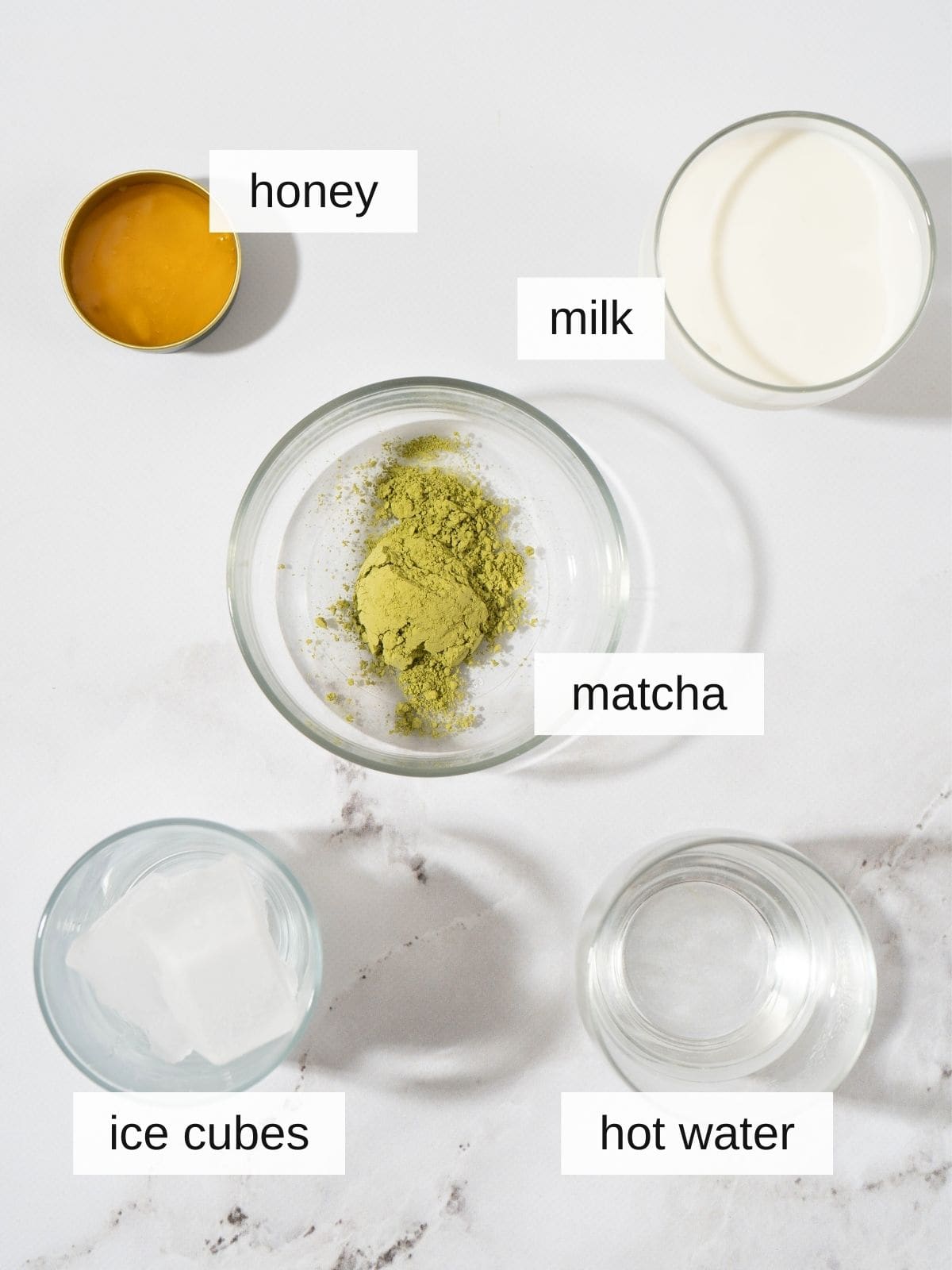 Ingredients of iced matcha latte.