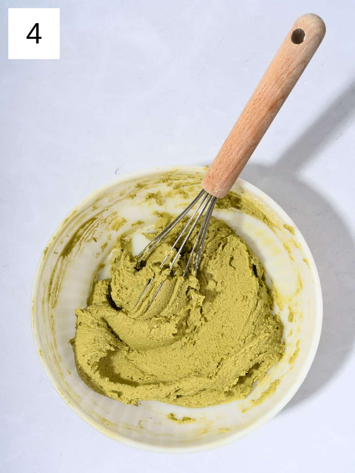 Whisked matcha cookie dough batter.