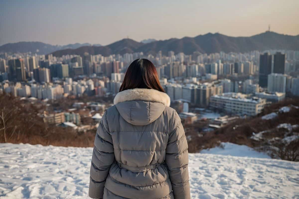 A person wearing a winter coat during winter season in South Korea.