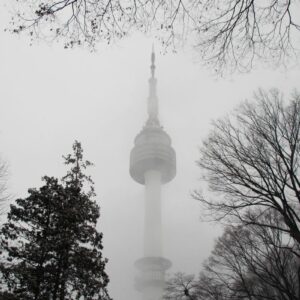 Seoul Tower during winter snowstorm, South Korea.