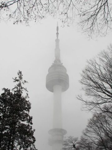 Seoul Tower during winter snowstorm, South Korea.