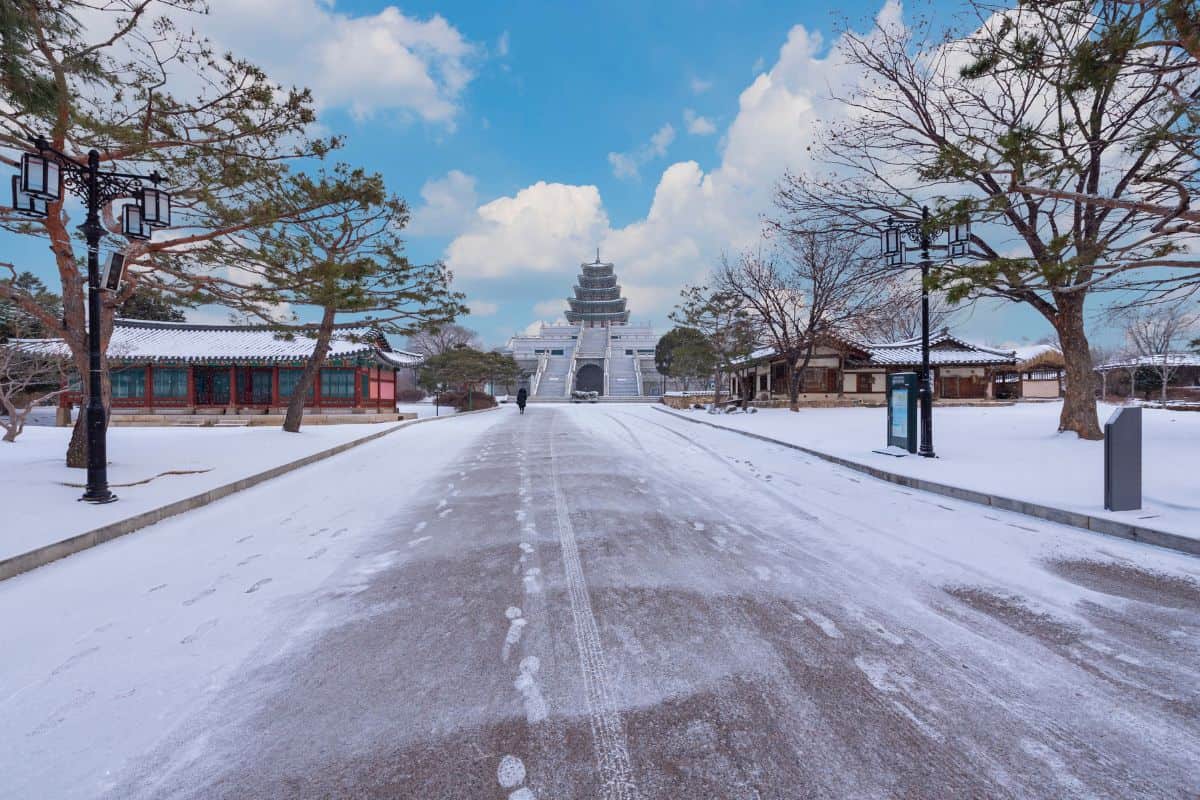 Snowy road in South Korea.