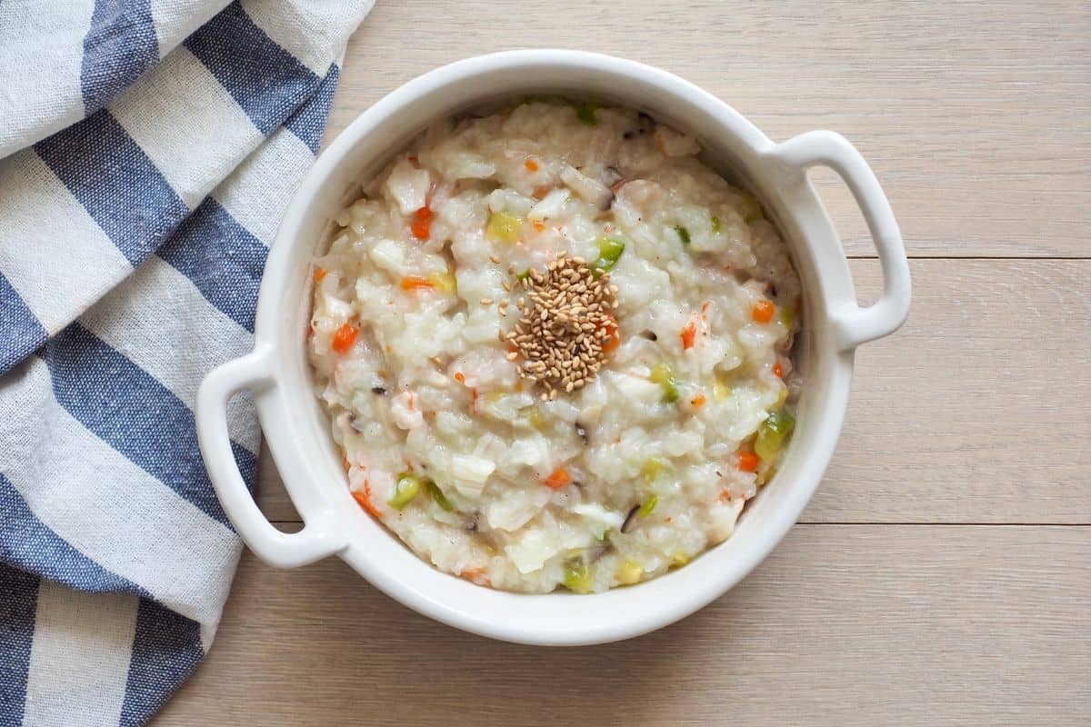 A pot filled with Korea vegetable porridge.
