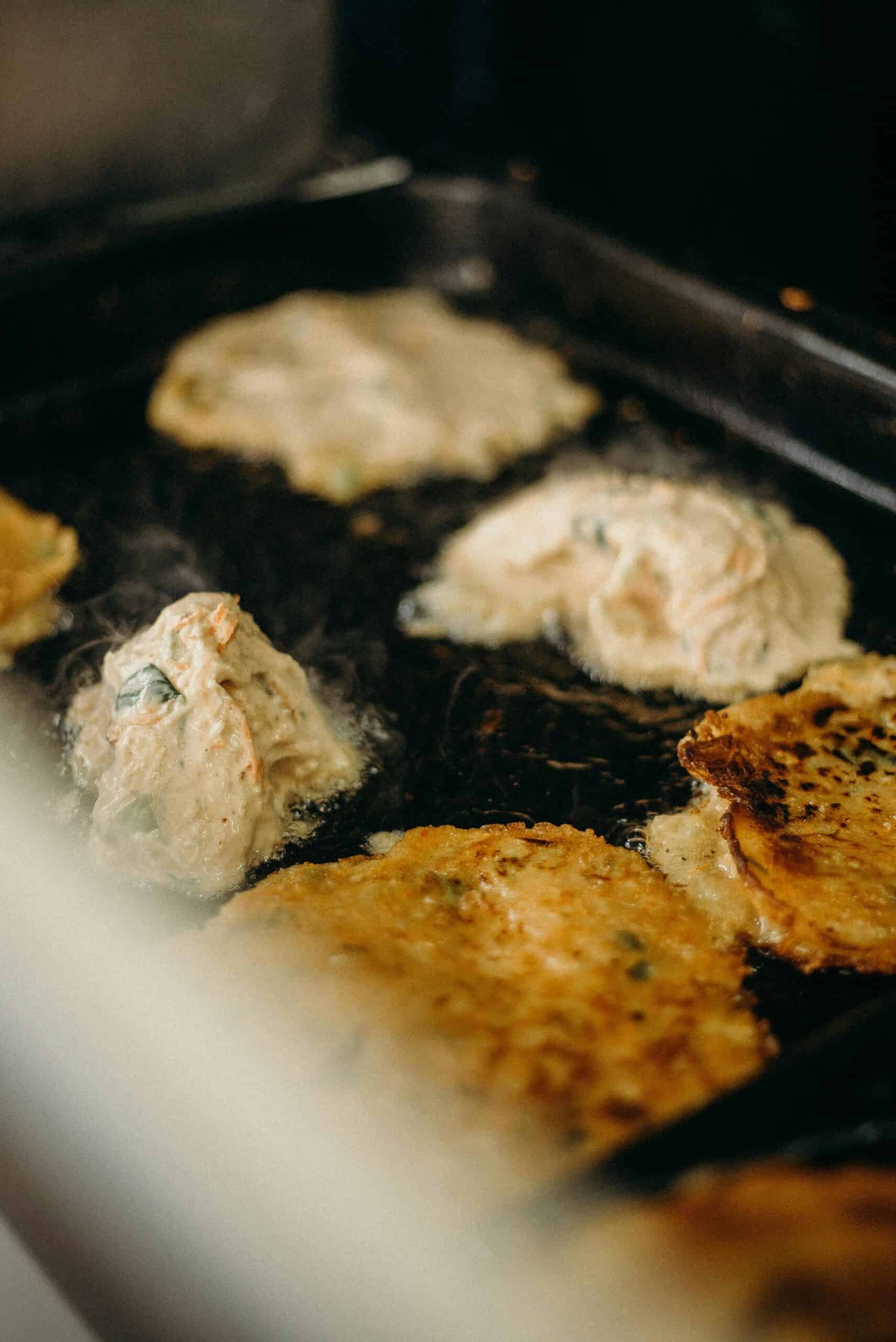 Cooking jeon during Seollal. 