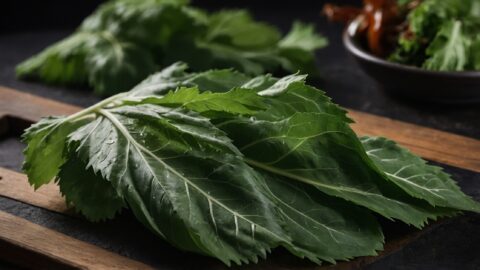 Pile of perilla leaves on a chopping board.