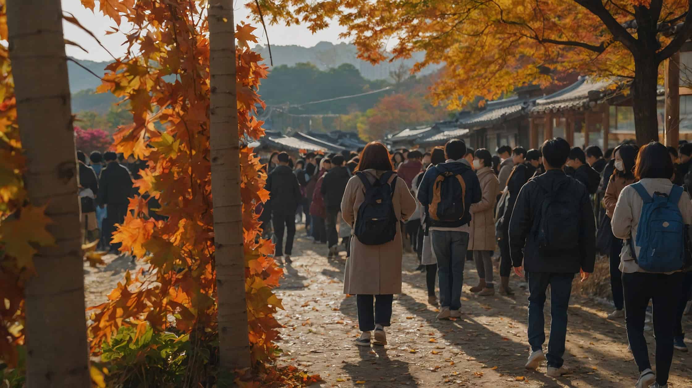 Autumn foliage and walking people.