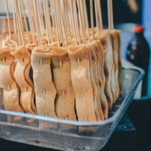 Korean fish cakes on street food stalls.