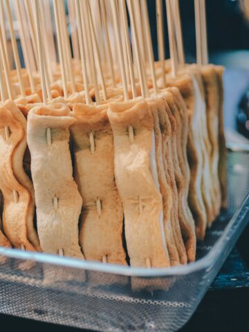 Korean fish cakes on street food stalls.