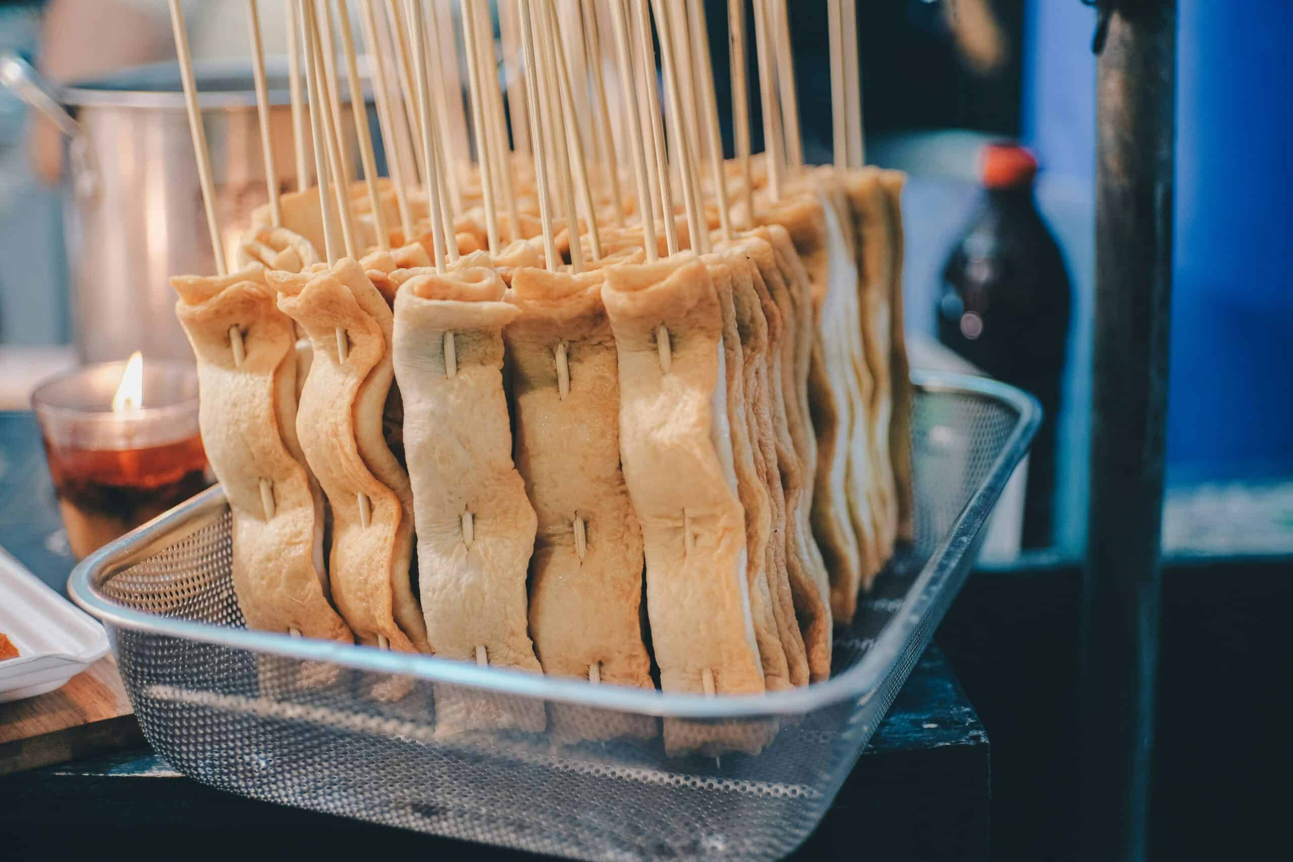 Korean fish cakes on street food stalls.