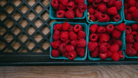 Basket full of raspberries.