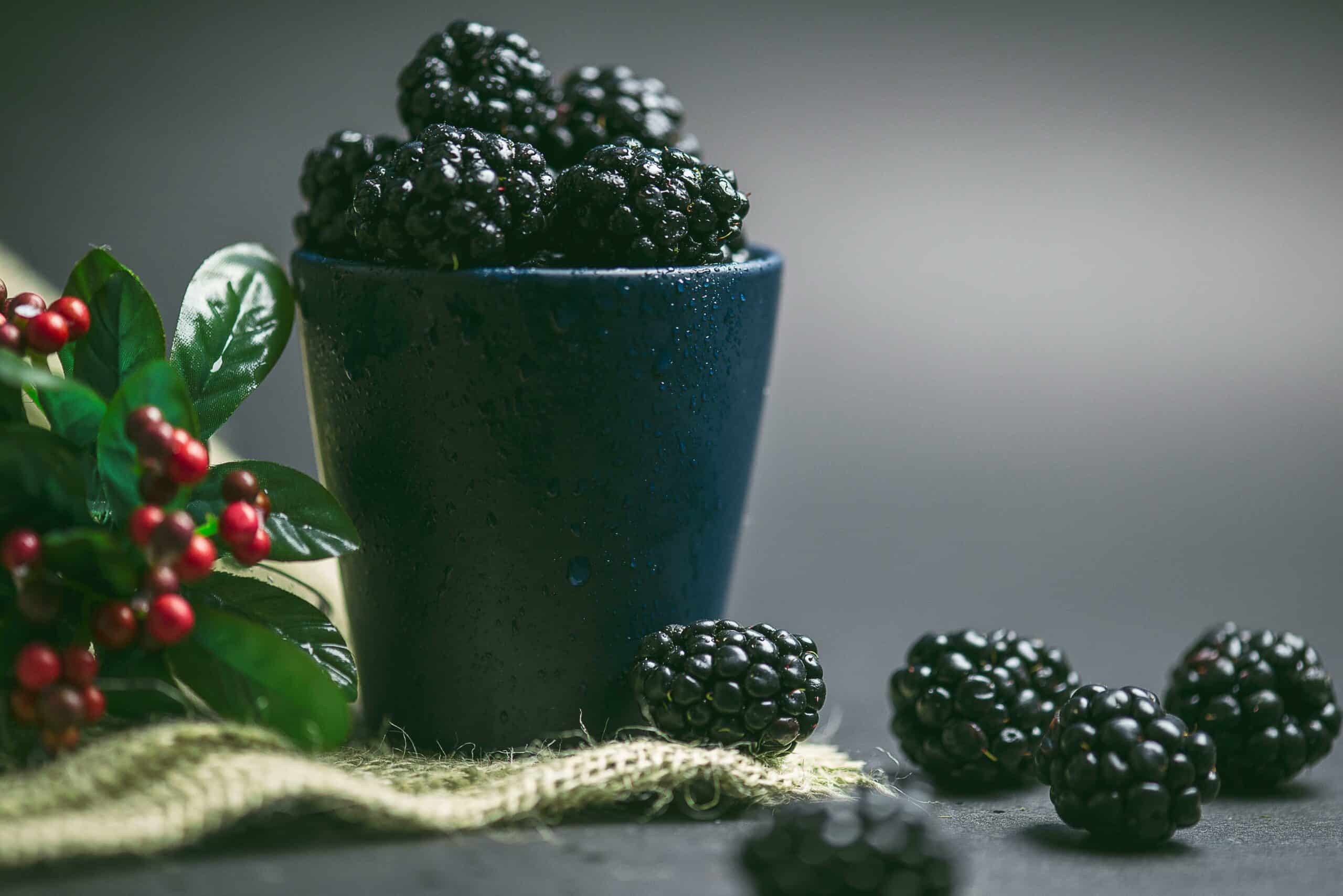 Bokbunja, Korean raspberries on a glass.