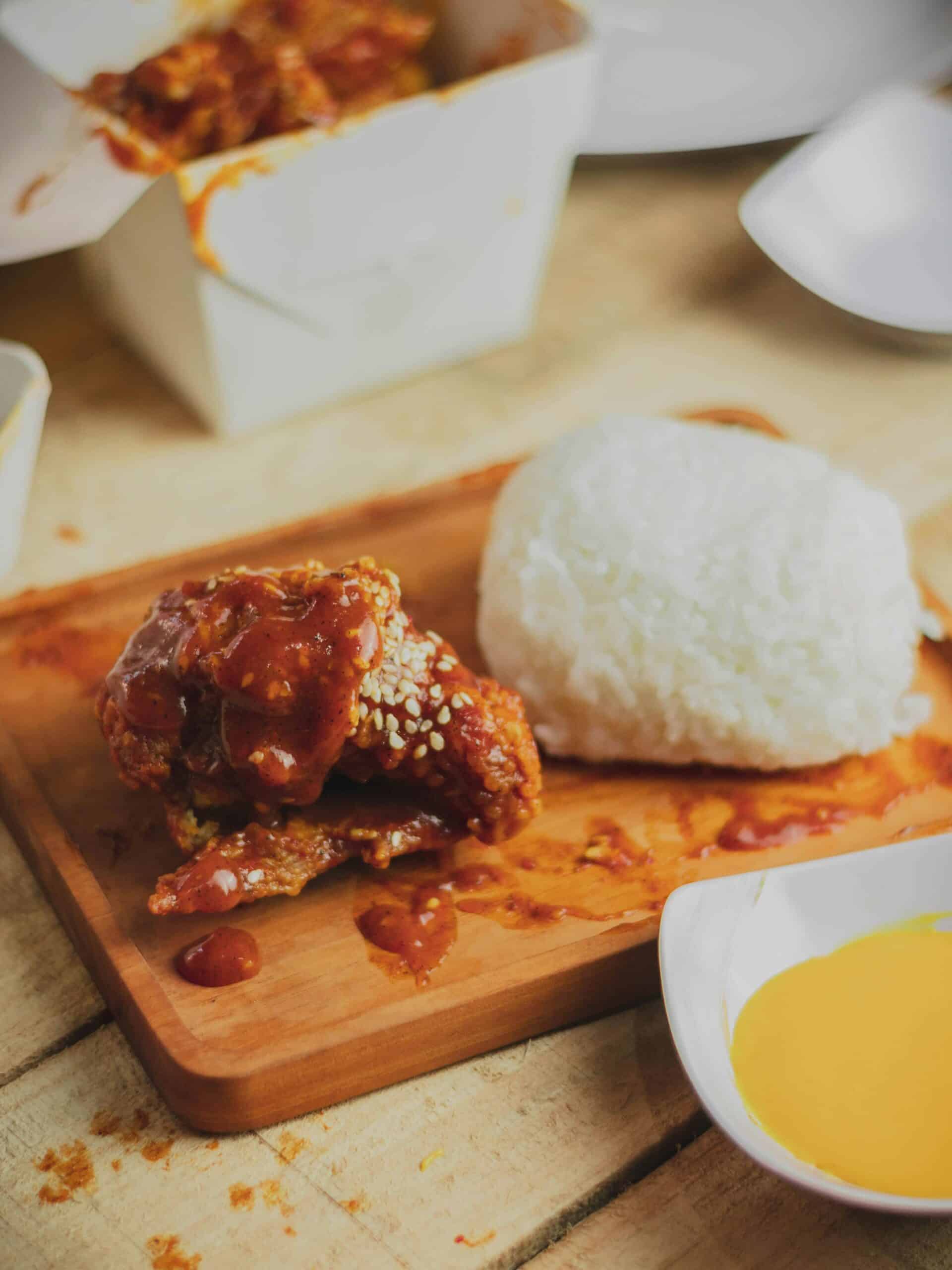 Korean fried chicken with rice.