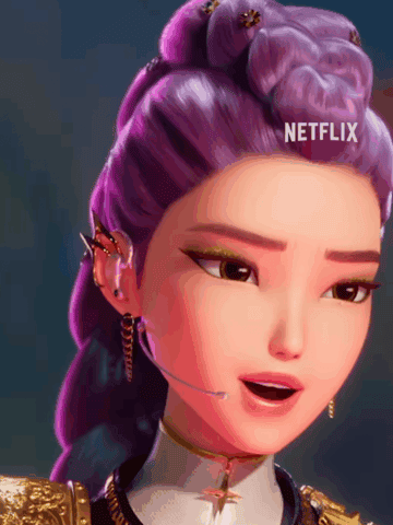 Seoul korea asia animated character with purple hair and futuristic accessories.