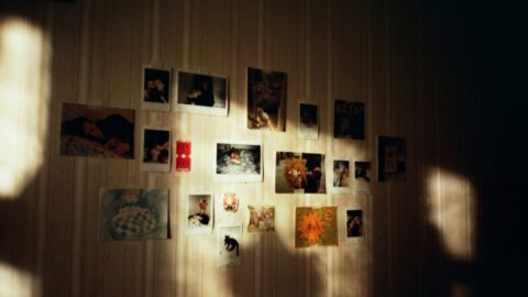 Colorful photo wall with Polaroid pictures and artwork inside a cozy Seoul cafe.