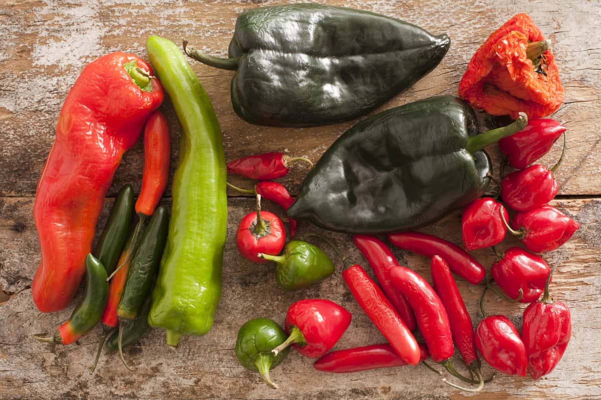 Various kinds of chili peppers on a wooden flat surface.
