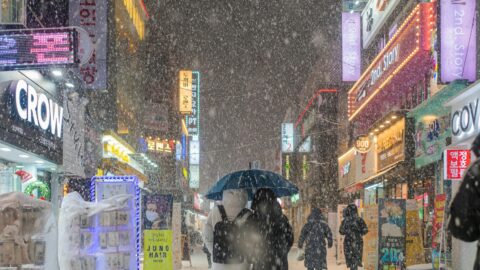 Snowy street scene in Seoul Korea with illuminated signs, people with umbrellas, vibrant city nightlife.