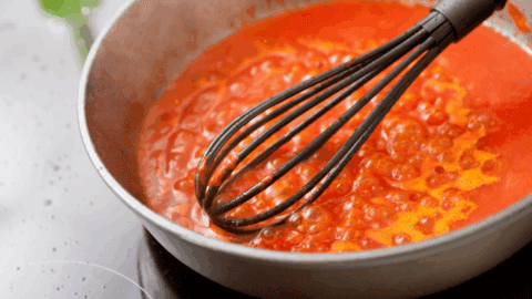 Thickened sauce in a pan.