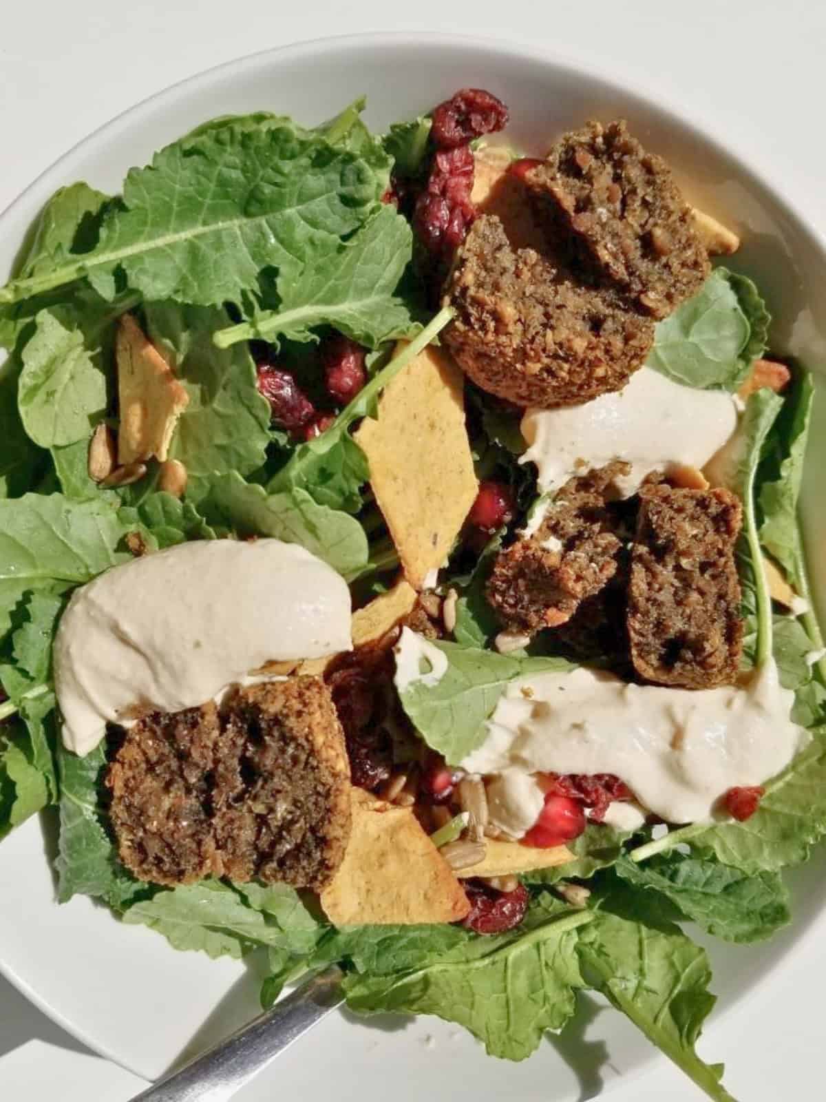 Vegetable salad in a plate with sliced falafel, chips, pomegranate seeds, and tahini sauce.