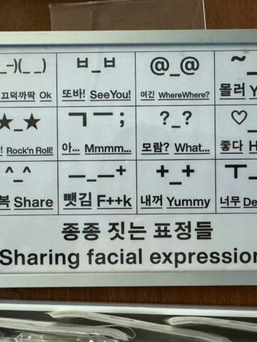Sharing facial expressions with illustrated symbols and translations for fun and language learning.