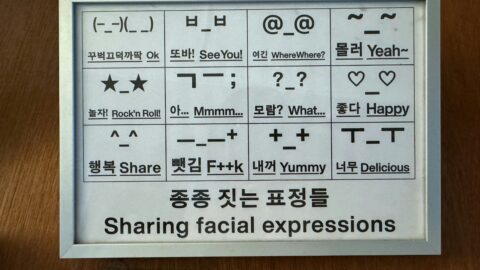 Sharing facial expressions with illustrated symbols and translations for fun and language learning.