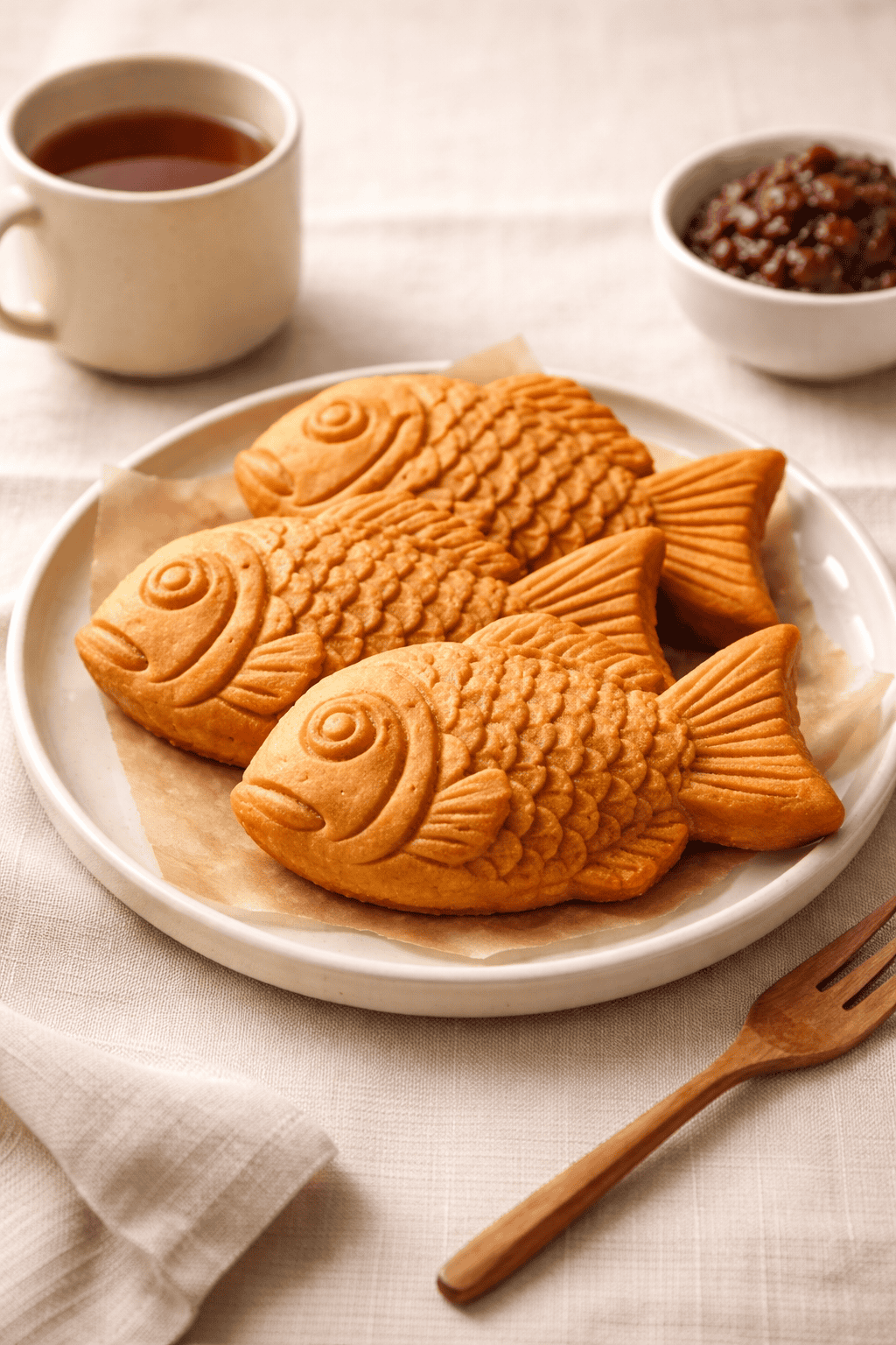 Shaped pastries served with hot tea and sweet red bean paste, showcasing traditional Korean snack de.