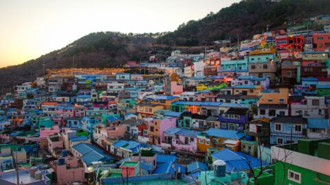 Vibrant hillside neighborhood with colorful houses in Seoul, South Korea, showcasing urban charm and.